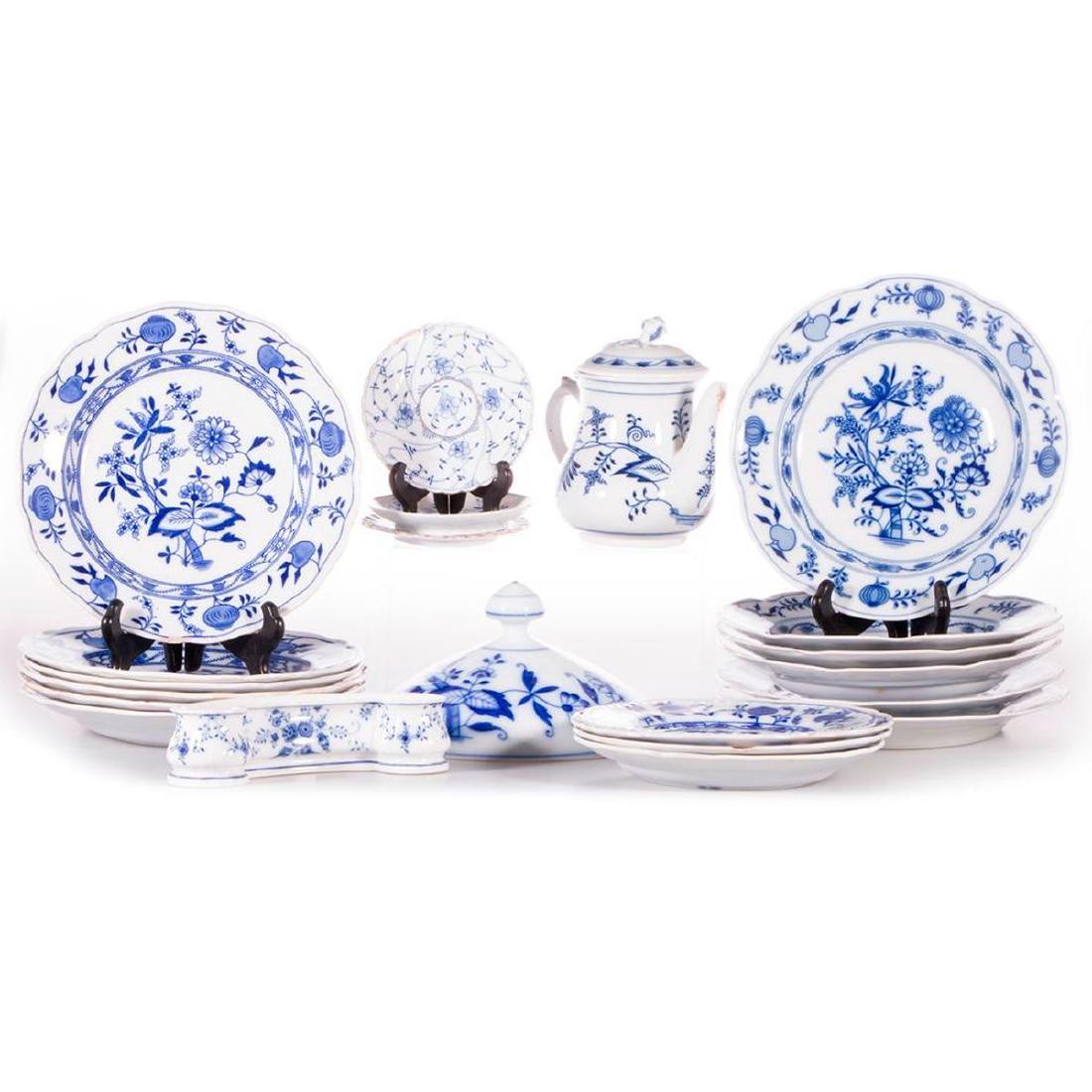 Meissen Style Partial Service. Mostly Cauldon.: Meissen Style Ironstone by Cauldon Three Salad Plates Dia-8.5", Six Luncheon Plates Dia-9.5". Meissen Pattern by GB, 2 Dinner Plates Dia-10", Four Soup Bowls Dia-9 7/8". Johnson Bros, Holland Blue 