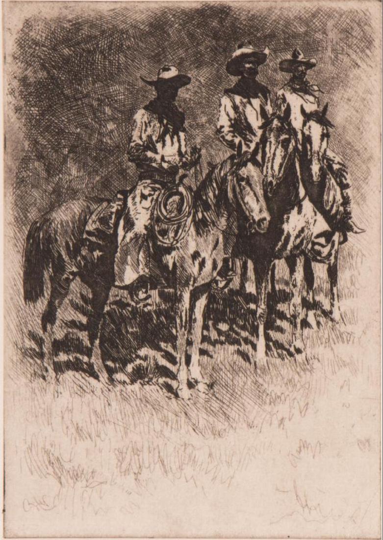 Etching of three horsemen, Edward Borein (1873-1945): An original etching of three cowboys by western artist Edward Borein (1873 - 1945). 19 1/2 inches high x 15 1/2 wide (framed).