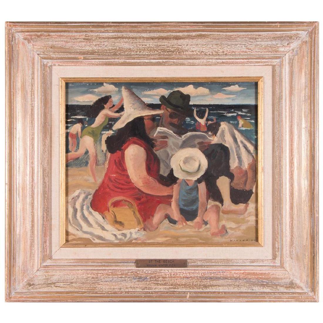 Oil on board by William Winter (1909 - 1996).: A mid 20th century oil on board beach scene titled "At the Beach" by William Winter (1909 - 1996). 16 1/2 inches high x 18 1/2 wide (framed).