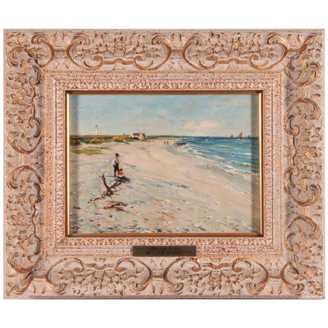 Oil on board English coastal scene, William Wright: William Wright (born 1890) A charming early 20th century English coastal scene titled " Ayre - Isle Of MAN". Oil on board by William Wright (born 1890). 13 inches high x 15 1/2 wide (framed).