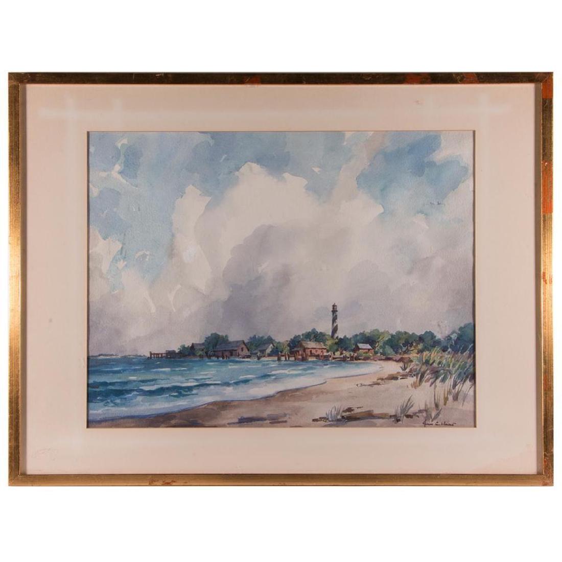 American Coastal watercolor, John Cuthbert Hare: John Cuthbert Hare (1908 - 1978) A sea-landscape watercolor by John Cuthbert Hare purchased from the Achenbach Foundation, the California Legion of Honor. 18 3/4 inches high x 24 3/4 wide (framed).