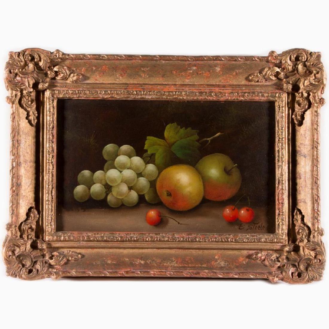 A still life with fruit signed E. Steele.: A 19th century still life with fruit, oil on canvas signed E. Steele (probably Emma E. Steel, active in California, born 1842). 13 1/2 inches high x 18 1/2 wide (framed).