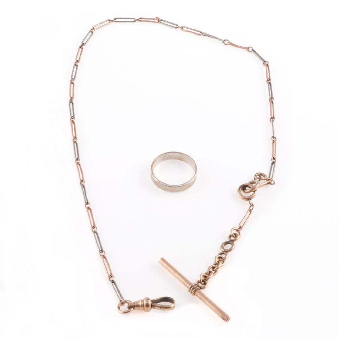 10k pink & white gold watch fob chain: with yellow gold-filled elements; together with an 18k gold wedding band; approximate gold weight: 5 grams; length: 14 1/2in.