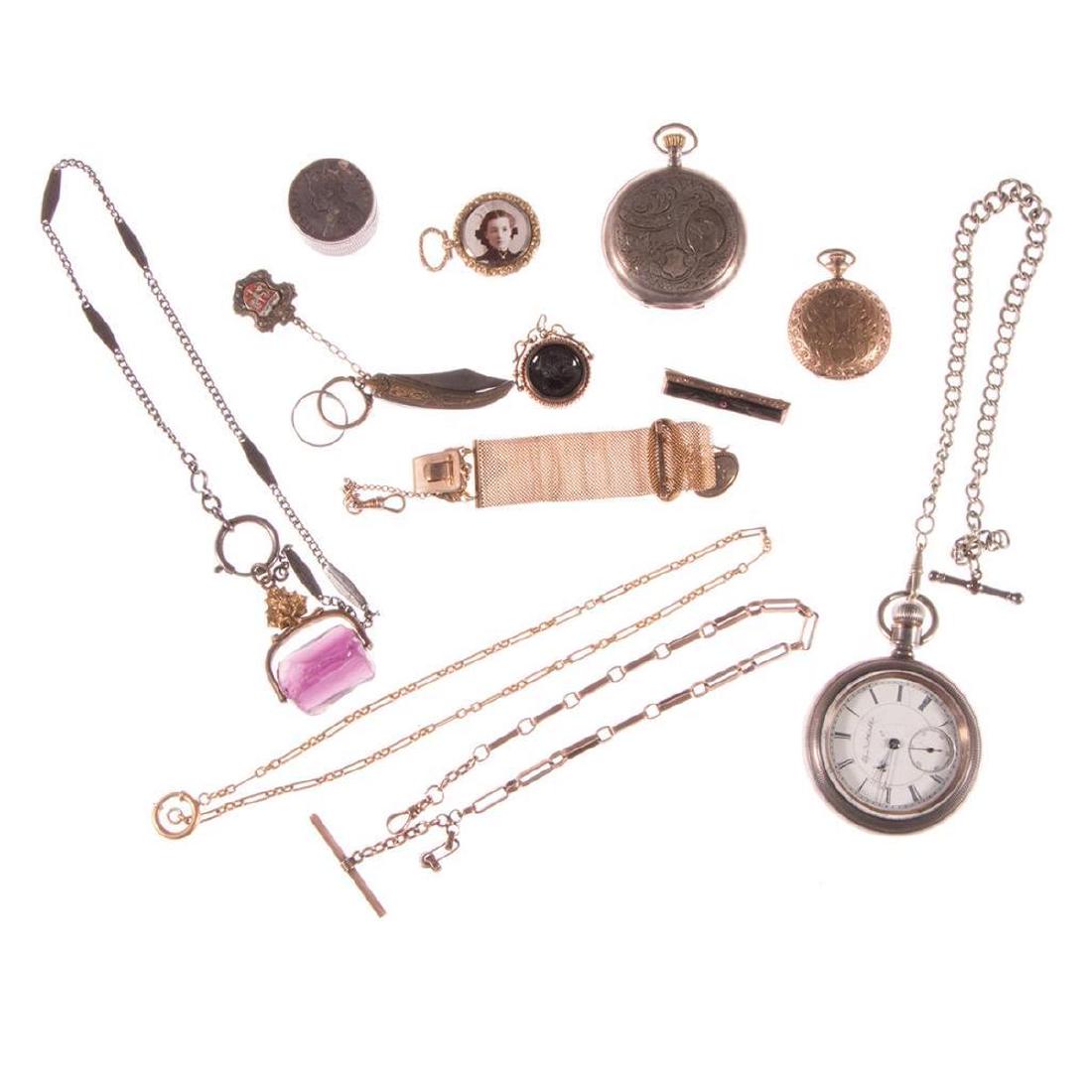 Collection of vintage jewelry, watches and accessories: in silver, gold-filled and yellow metal; including 3 pocketwatches, ones by Elgin, and Orion; 4 watch chains, 3 fobs, a brooch, locket, pocketknife, and coin box