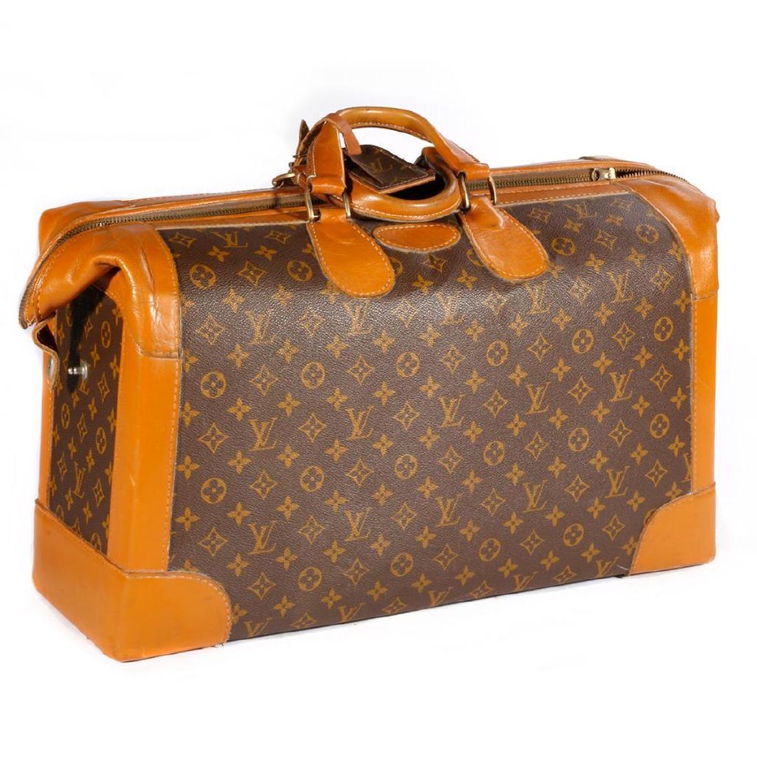Louis Vuitton Monogram & Leather Valise Suitcase: with luggage tag; measuring 20 x 12 x 8in.; corduroy interior with 8 shoe pouches; with interior Louis Vuitton France label. Good condition