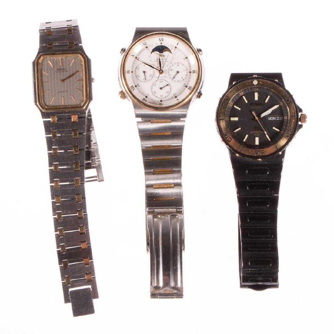 Three Seiko watches: gents watches, stainless steel and metal