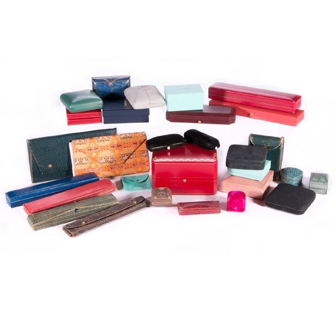 Collection of vintage & signed leather, velvet and wood: 85+ boxes including Bulgari, Cartier, Patel Philippe, Laykin & Cie, Buccellati, Raymond Yard, Black Starr & Frost, Harrods, Gumps, JE Caldwell, Mikimoto, Granat Bros, CD Peacock, Lang, and Simayoff