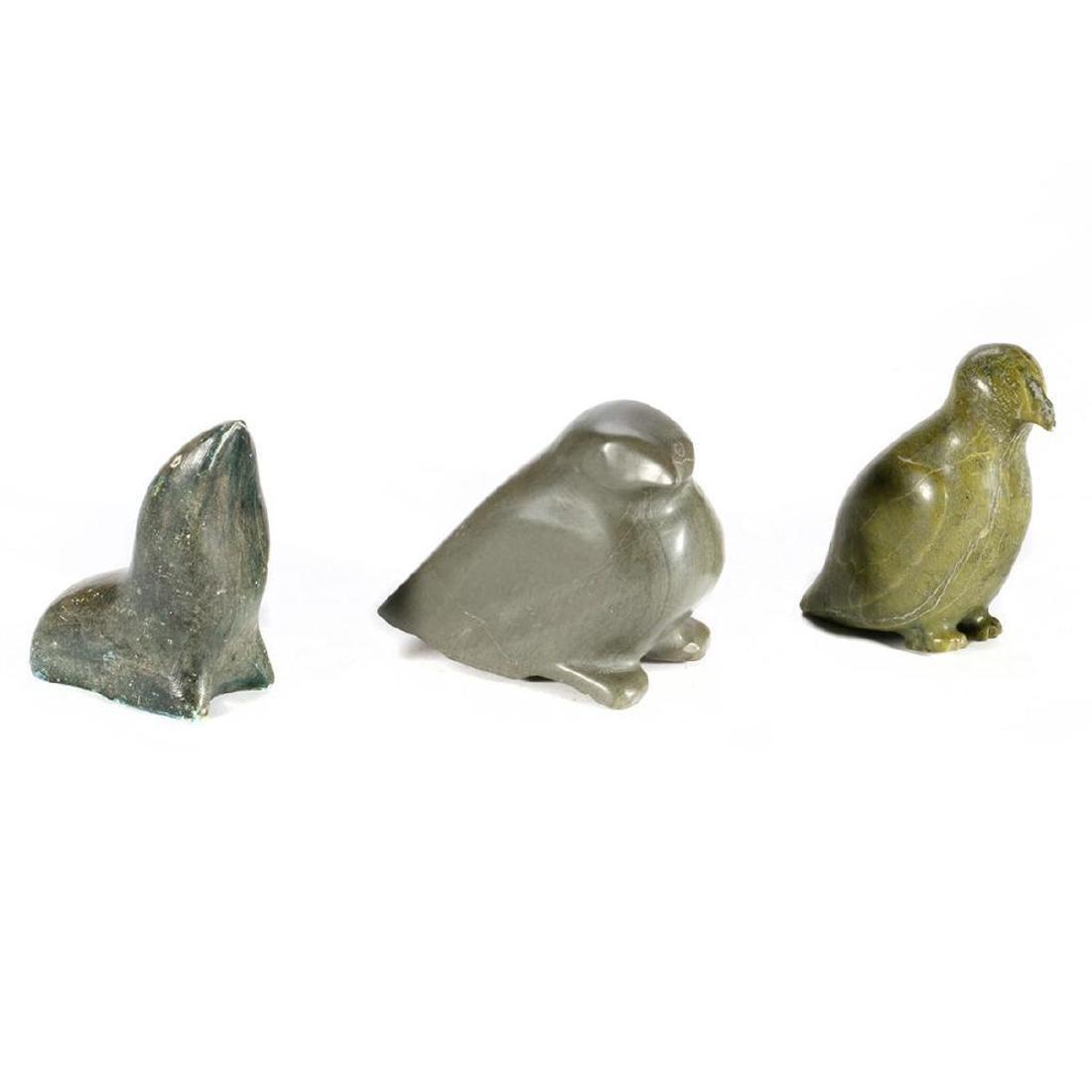 Three Inuit Stone Sculptures: Nuluapik Pee, "Standing Bird"; and two by unidentified artists,"Seated Bird" and "Seal" Height: 4 1/4, 4 and 4 1/4in