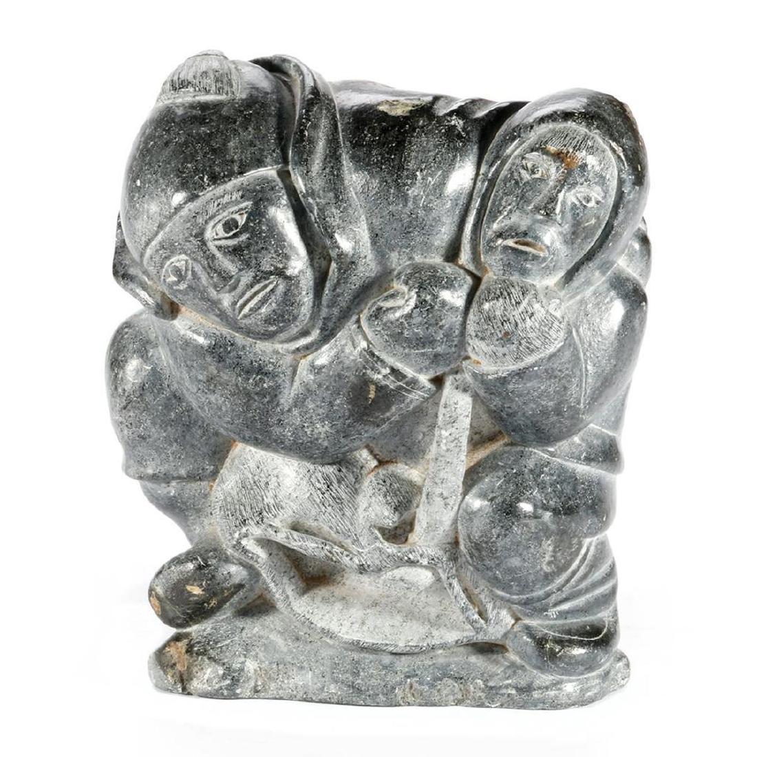 An Inuit Stone Sculpture: Isaaki Qurqak Padlayat, "Struggling Hunters" Height: 8 3/4in, Width: 7in