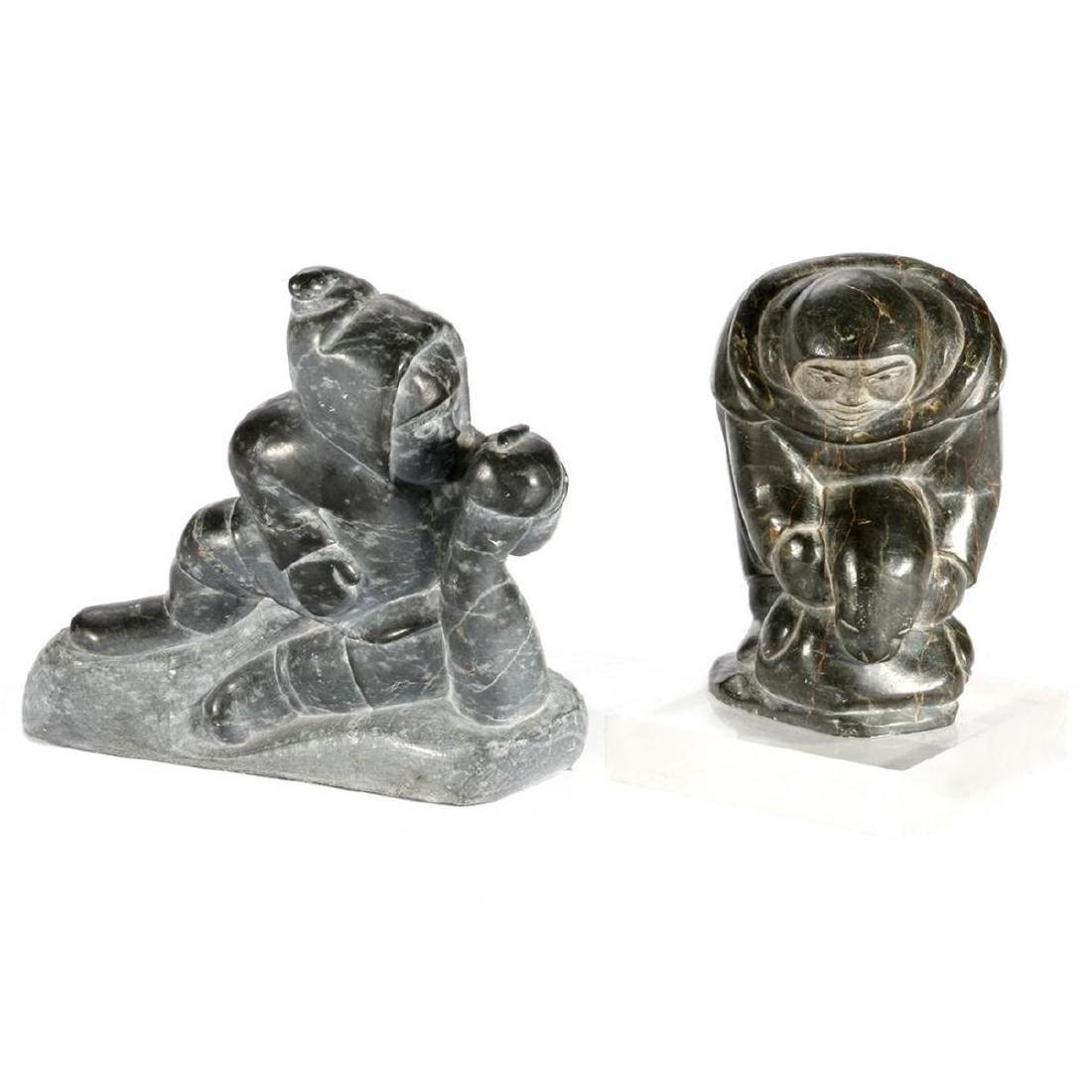 Two Inuit Stone Sculptures: Pilupusi Putugu, "Woman and Seal"; and Jobie Kumuluk, "Successful Hunter" Height: 5 1/4 and 5 3/4in