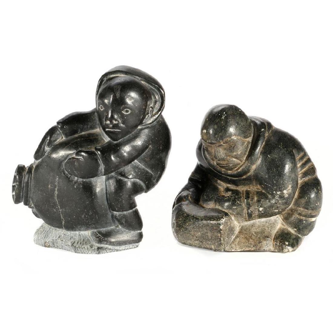 Two Inuit Stone Sculptures: Johnny Aculiak, "Hunter Holding Seal Bladder"; and an unidentified artist, "Kneeling Hunter" Height: 5 1/4 and 4 1/2in
