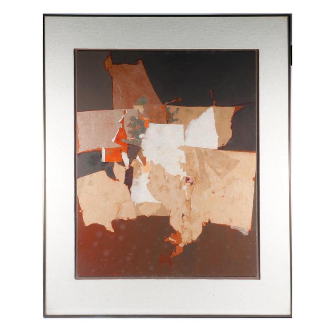 An abstract paper collage.: An abstract paper collage measuring 30 1/2" x 24". Frame 40" x 33 1/2".