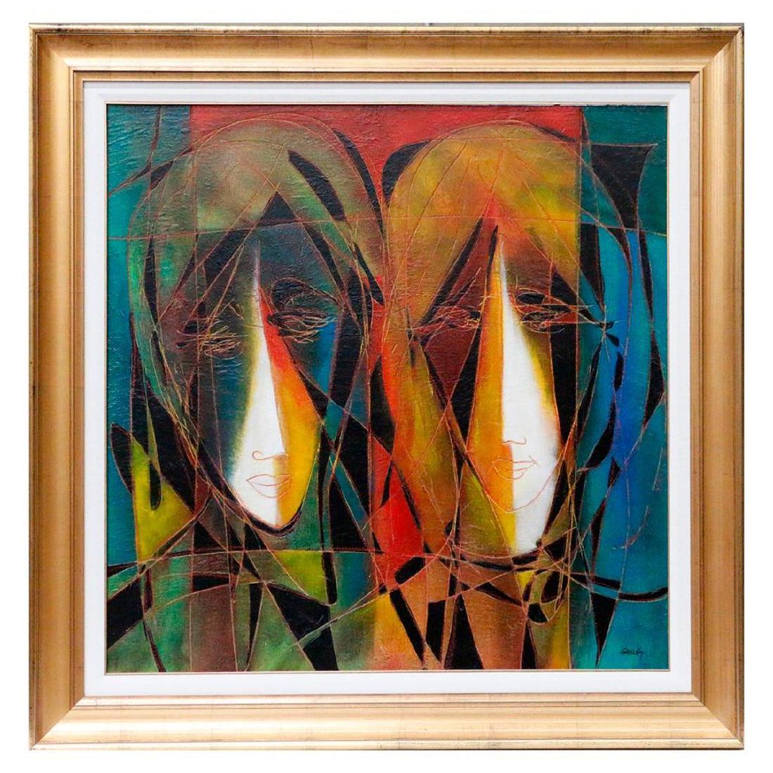 "Deux Visages", signed Gauby.: MIxed media on board titled "Deux Visages" (two faces) on reverse, signed Gauby lower right measuring 33" x 36". Frame 45 1/2" square.
