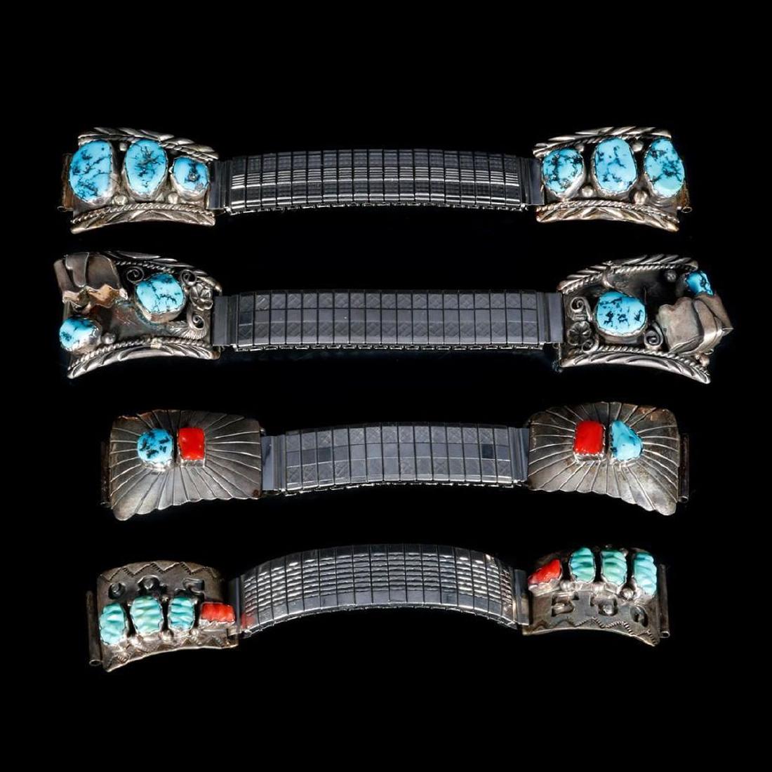 Navajo Watch Bands: Four (4) Vintage old pawn Southwest turquoise silver watch bands. Approximate size: Varying sizes.
