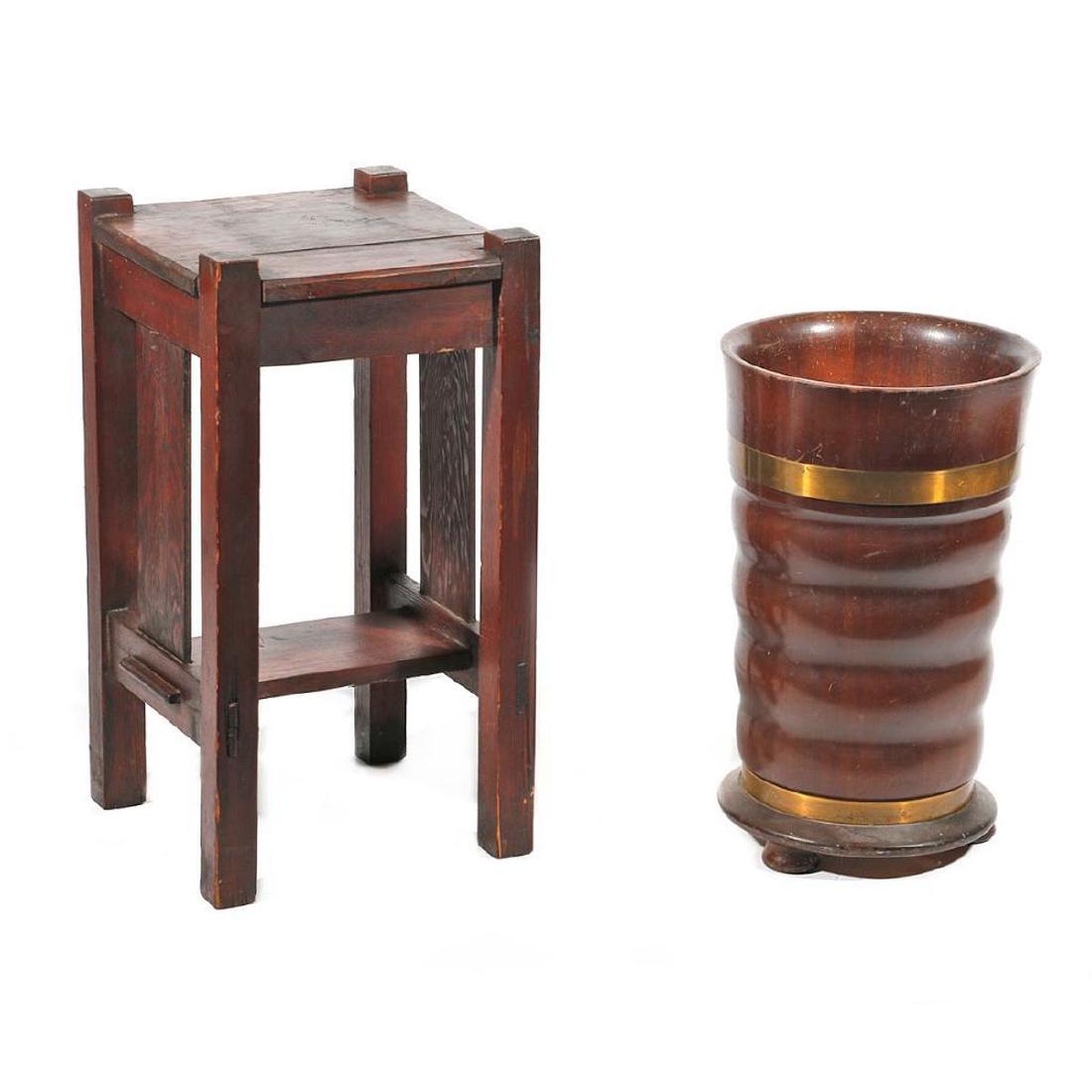 Arts and Crafts Furniture: An Arts and Crafts Oak table measuring 24" high x 13" square and an oak umbrella stand measuring 19 1/2" high x 12" diameter.