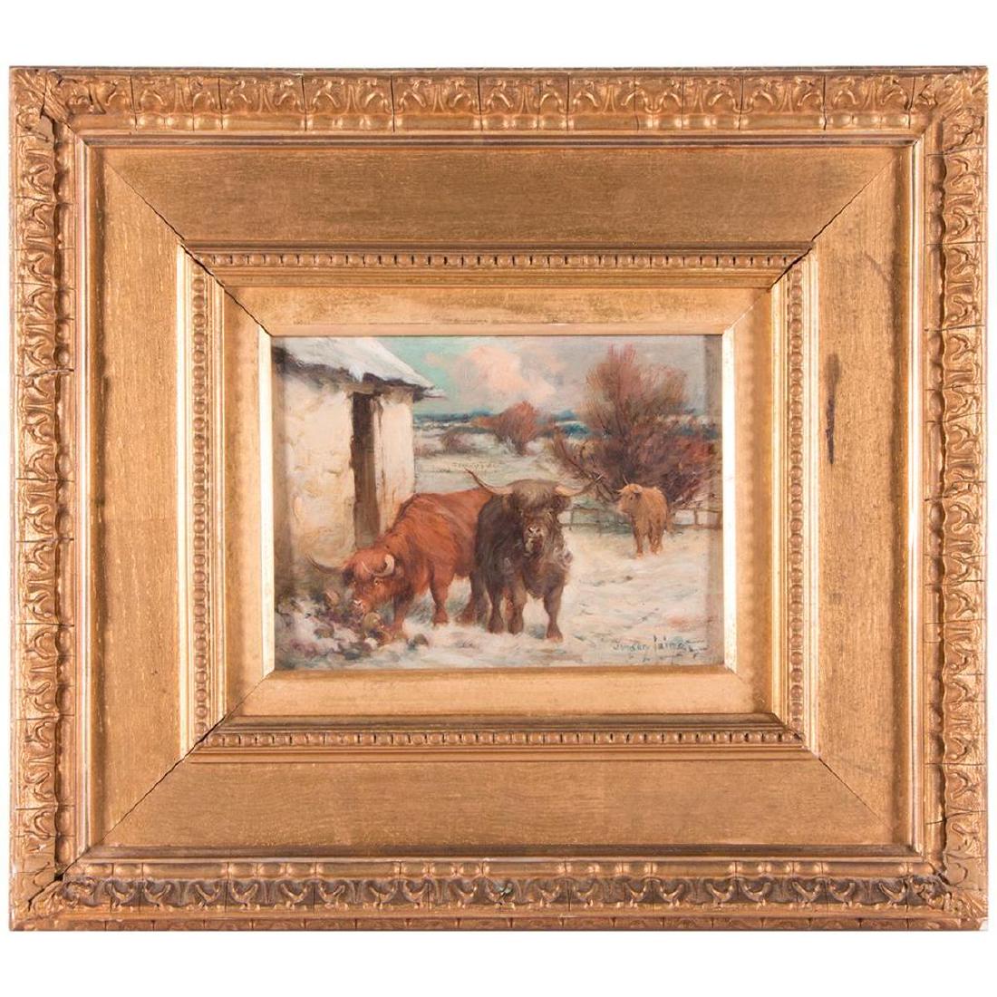 Late 19th century painting of oxen.: A well done late 19th century oil on board painting of oxen in a yard signed Tompson Pain, 14 1/2 inches high x 16 wid framed.