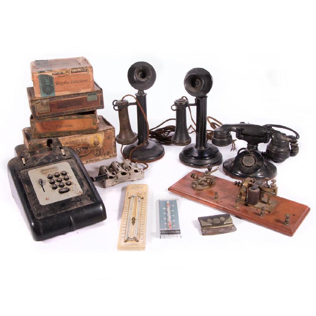 A lot of various 19th and early 20th century Phones,: A mixed lot of 19th and 20th century items including three phones, an adding machine, Morse code telegraphs, thermometers, 19th century cigar boxes, etc.