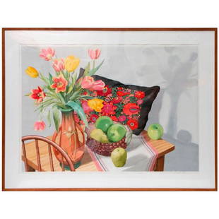 Sondra Freckelton (born 1936).: Artist: Sandra Freckelton (born 1936). Title: Still life with tulips and fruit. Signature: Lower right. Size artwork: 31 x 43 inches. Frame: 39 x 51 inches. Condition: Good. Maxwell Davidson Gallery,