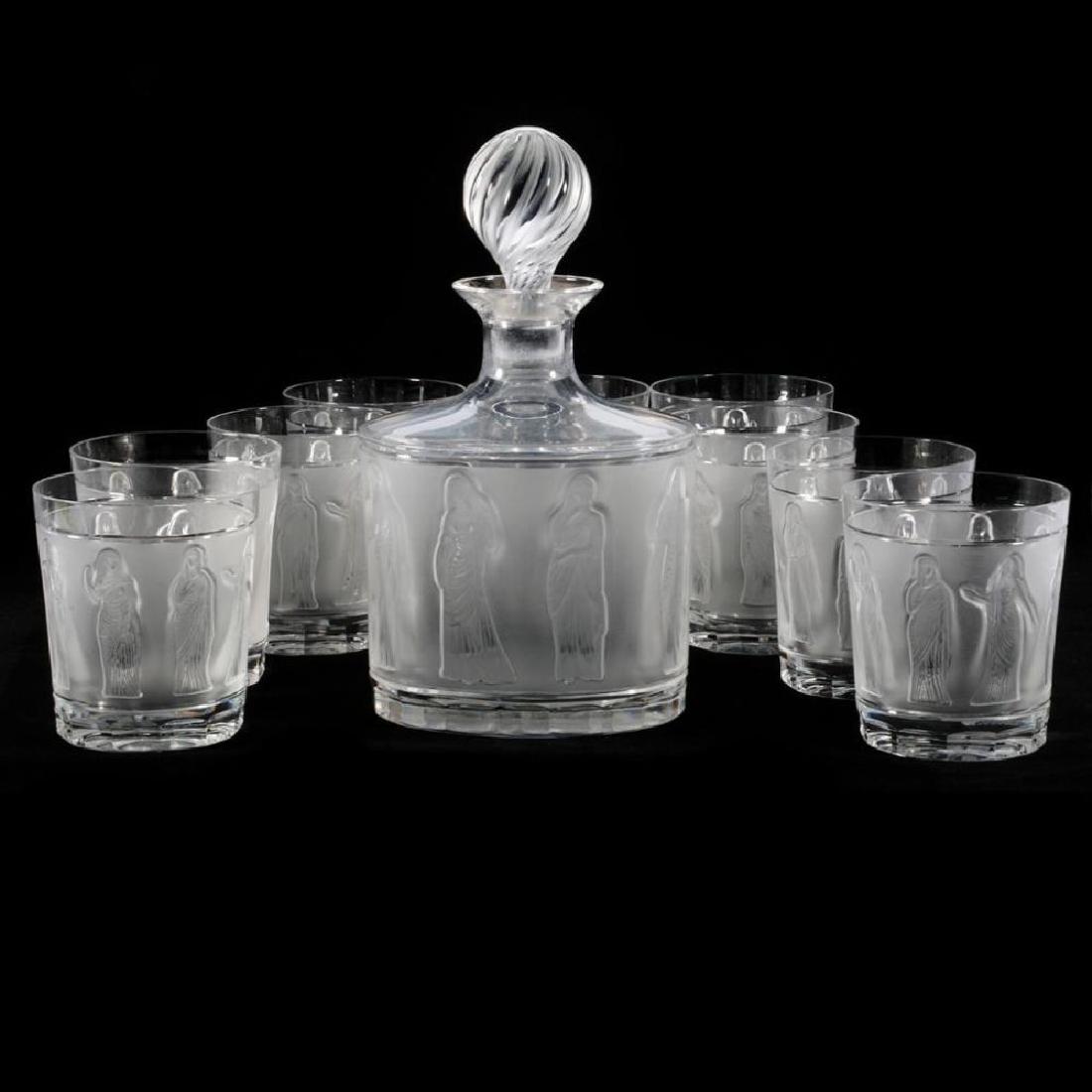 A LALIQUE CLEAR AND FROSTED GLASS DECANTER AND TEN (10) (1 of 12)