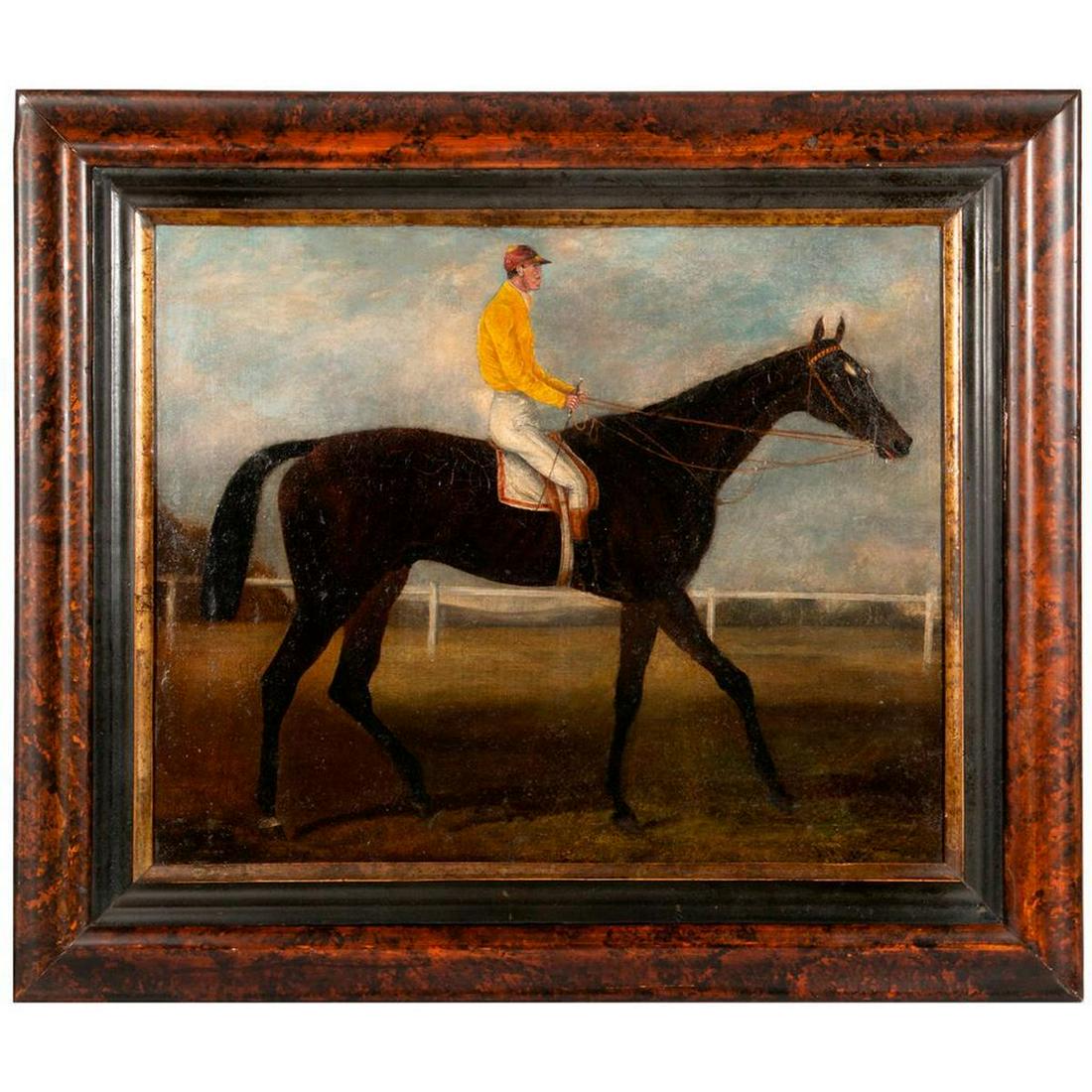 A 19th century oil on board painting of a racehorse and (1 of 6)