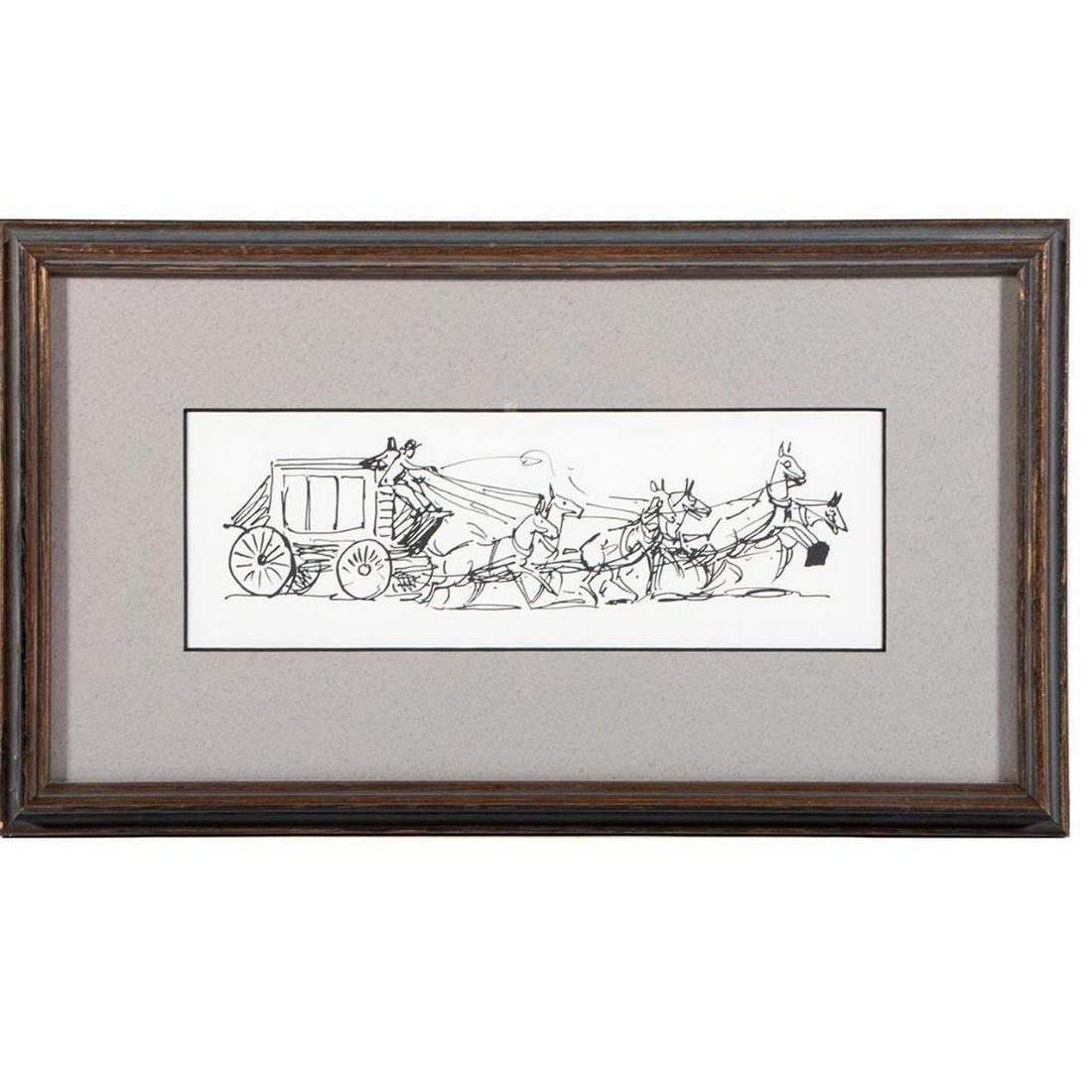 Pen and ink drawing of a stagecoach attributed to (1 of 3)