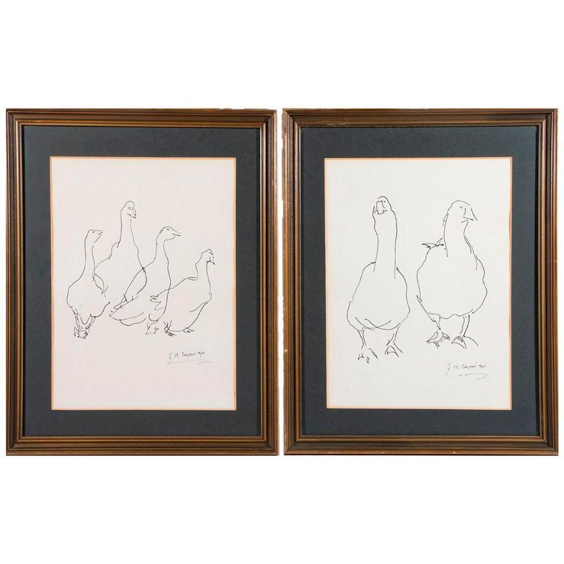 Two ink drawings of geese signed lower right J. M. (1 of 6)