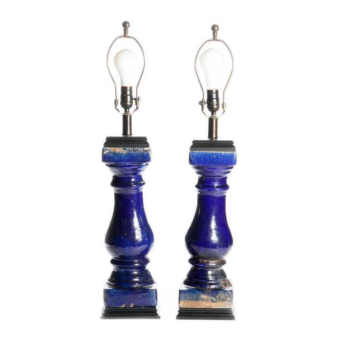 Pair of lapis glazed pottery column lamps. (1 of 5)