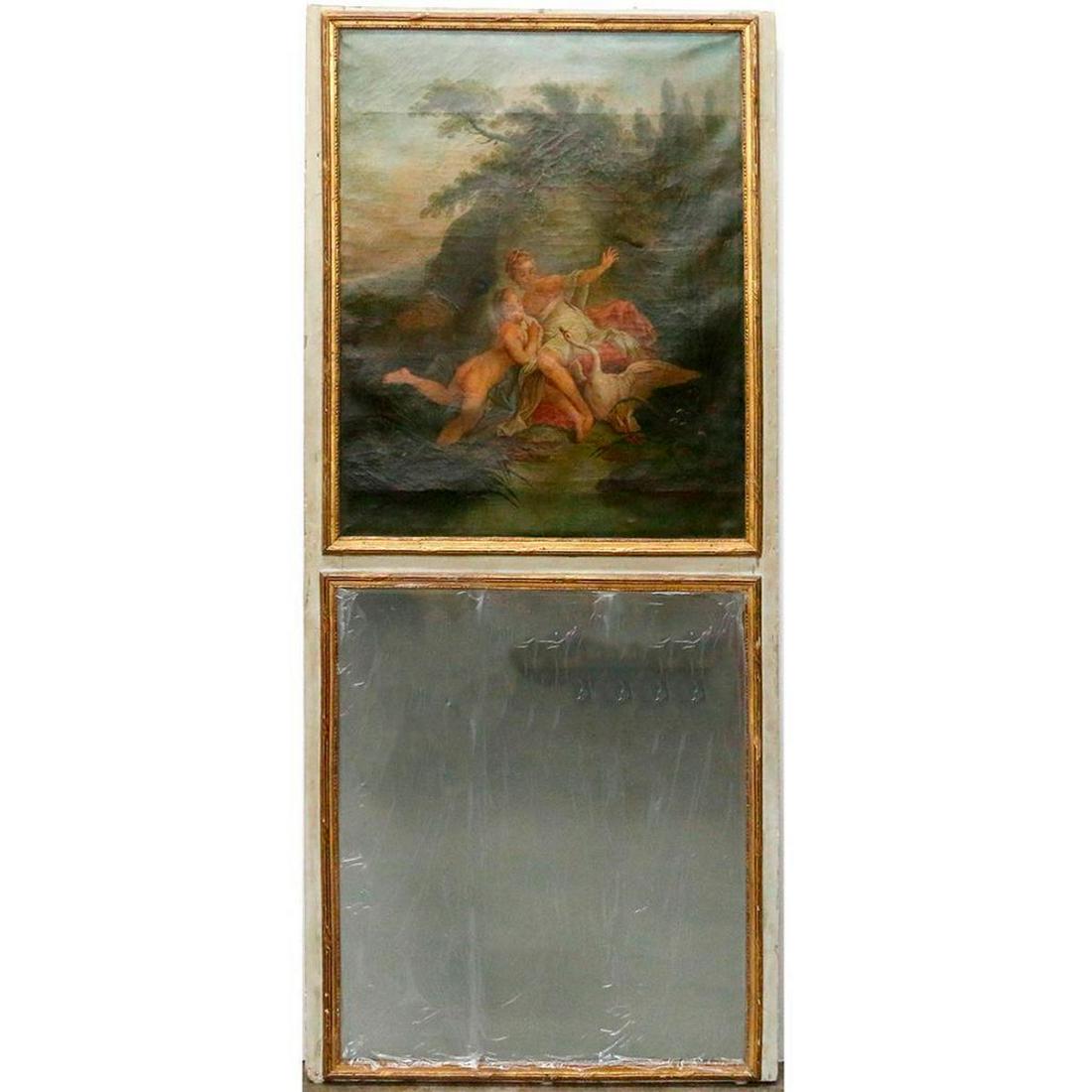 A 19th Century trumeau mirror.: A 19th century trumeau mirror with a Leda and the Swan painting measuring 80 1/2 inches high x 37 1/2 wide.
