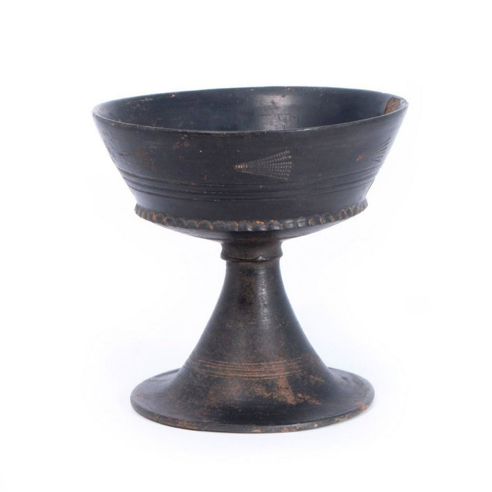Etruscan Chalice.: A black painted Etruscan pottery chalice circa 4th century BC. Size: 6 inches high x 6 diameter. Condition: Small rim chips. Date: 4th century BC.