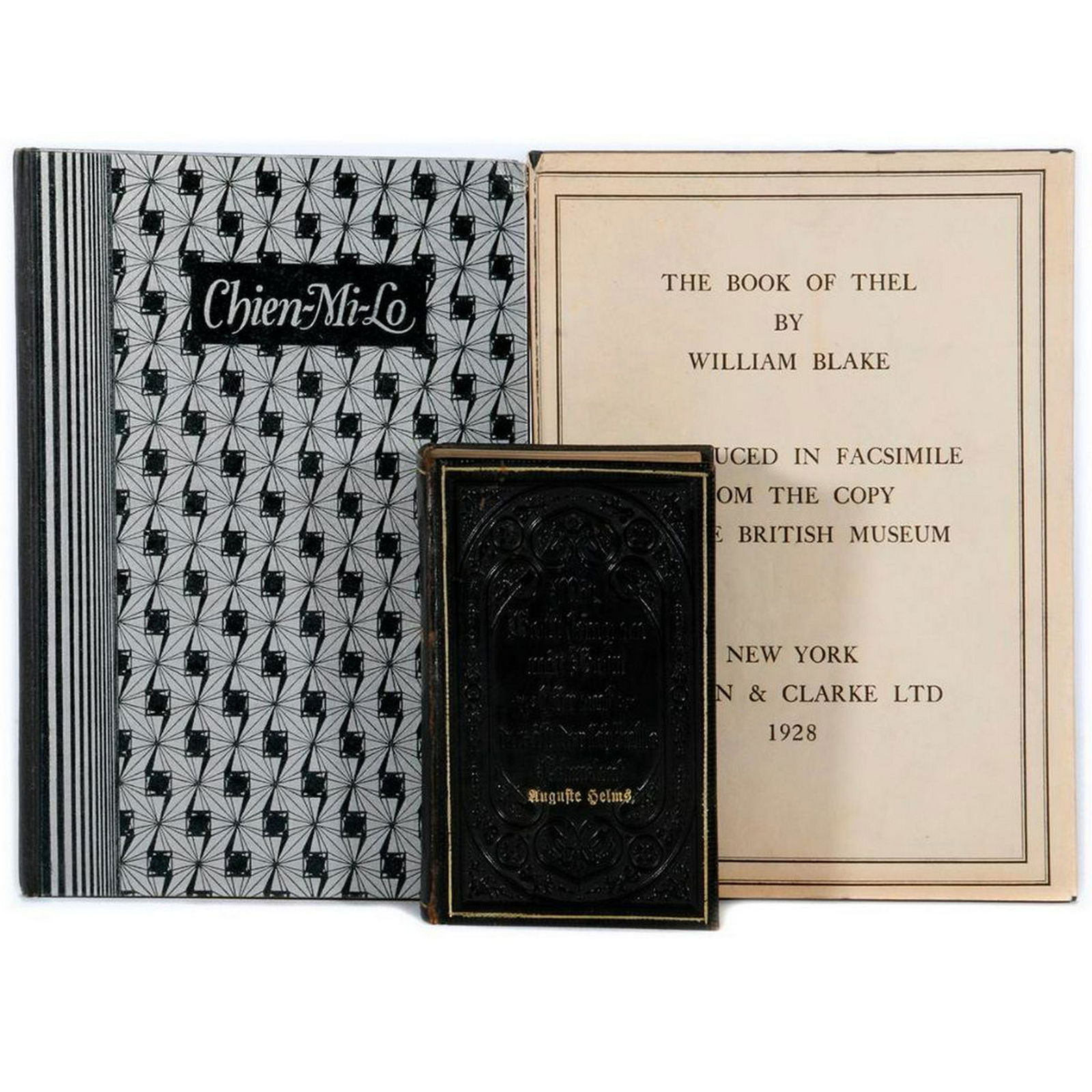 Two art books and a bible.: Chien - Mi - Lo, a satirical prose fantasy (1928), A facsimile copy of The Book of Thel by William Blake (1928) and a German Bible (1897). Largest book: 12 inches high x 8. Condition: Good