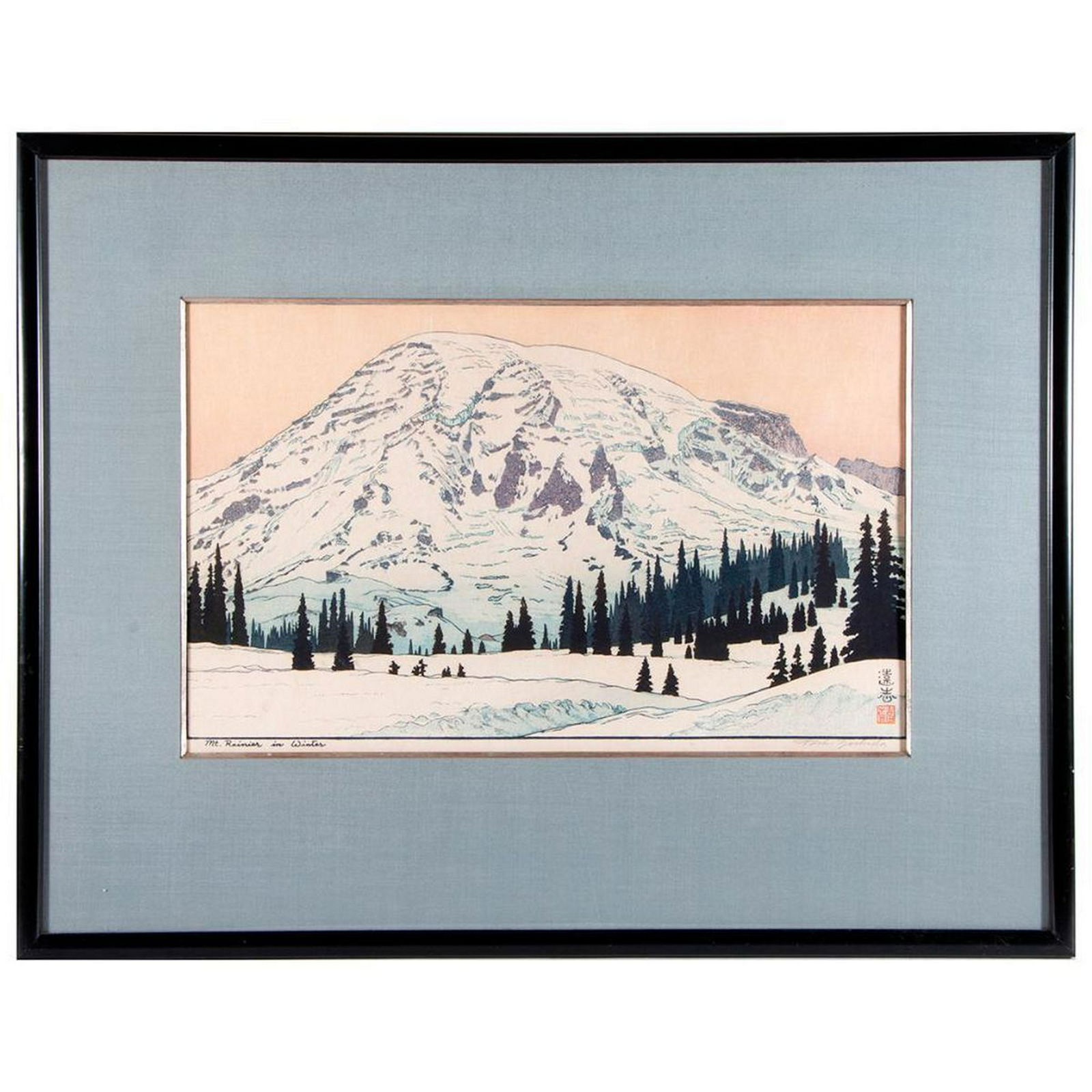 Toshi Yoshida (1911 - 1995).: "Mt. Rainier in Winter", a print by Toshi Yoshida (1911 - 1995). Signed lower right. Frame size: 22 ½ inches high x 28 ¾. Image size: 12 inches high x 19 ½. Condition: Good. Date: 20th�