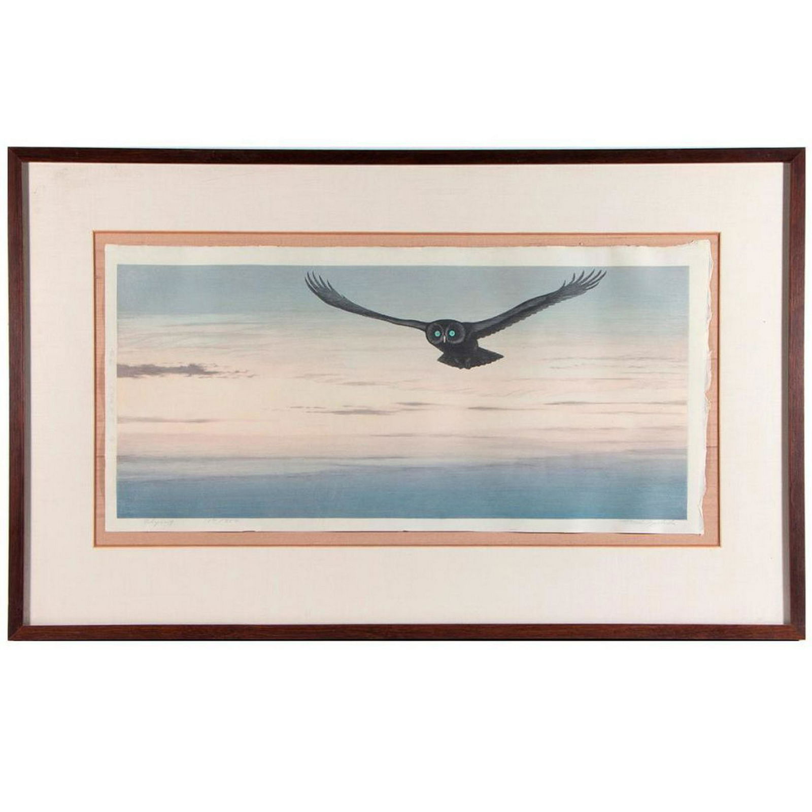 Toshi Yoshida (1911 - 1995).: "Flying", an etching by Toshi Yoshida (1911 - 1995). Signed lower right and 107/250 lower left. Frame size: 20 ½ inches high x 32 ¾. Image size: 12 inches high x 24. Condition: Good.