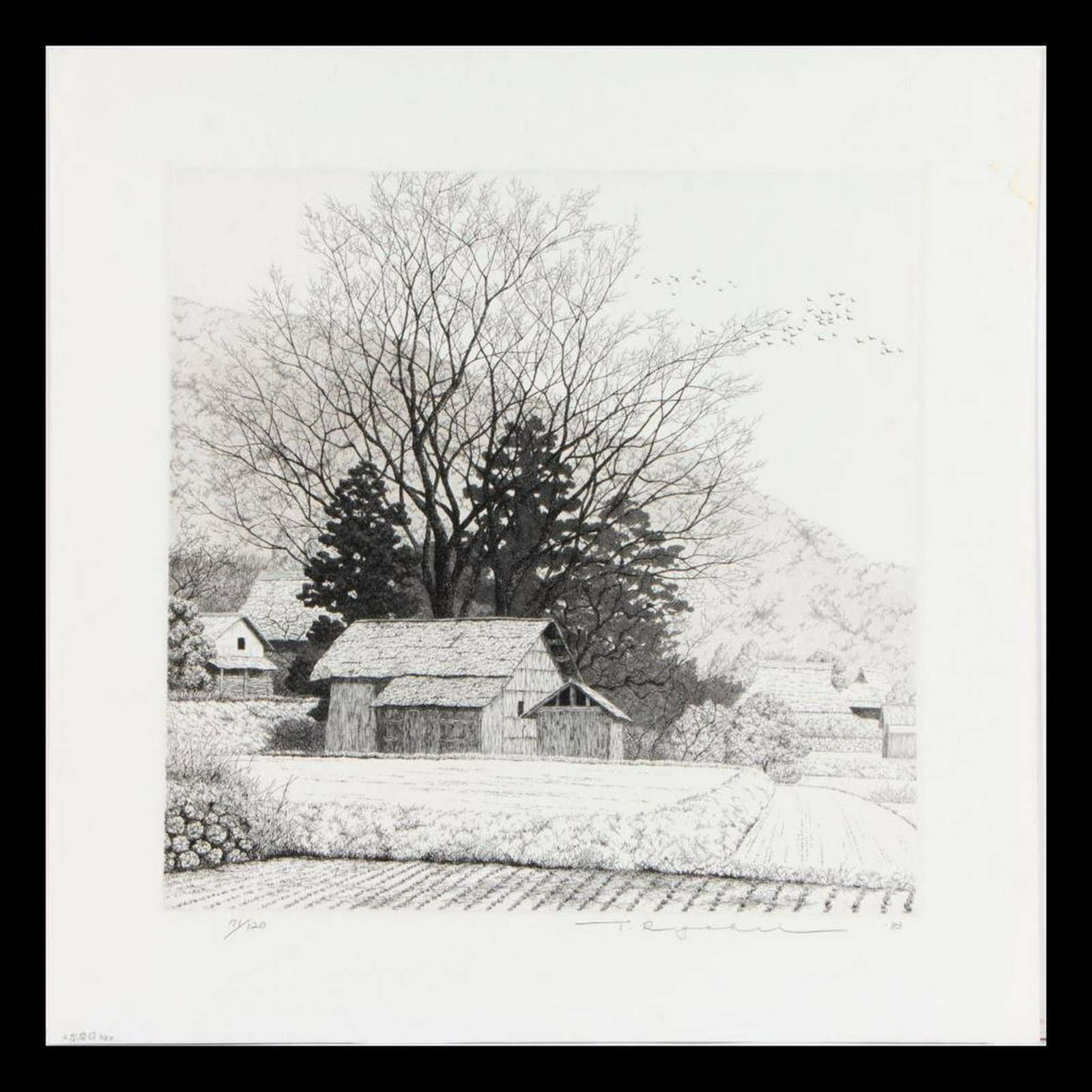 Tanaka Ryohei (born 1933).: "Quiet Ohara No. 2", an etching by Tanaka Ryohei (born 1933). Signed lower right and 71/120 lower left. Paper size: 15 ½ inches high x 15. Image size: 11 ¾ inches square. Condition: Goo