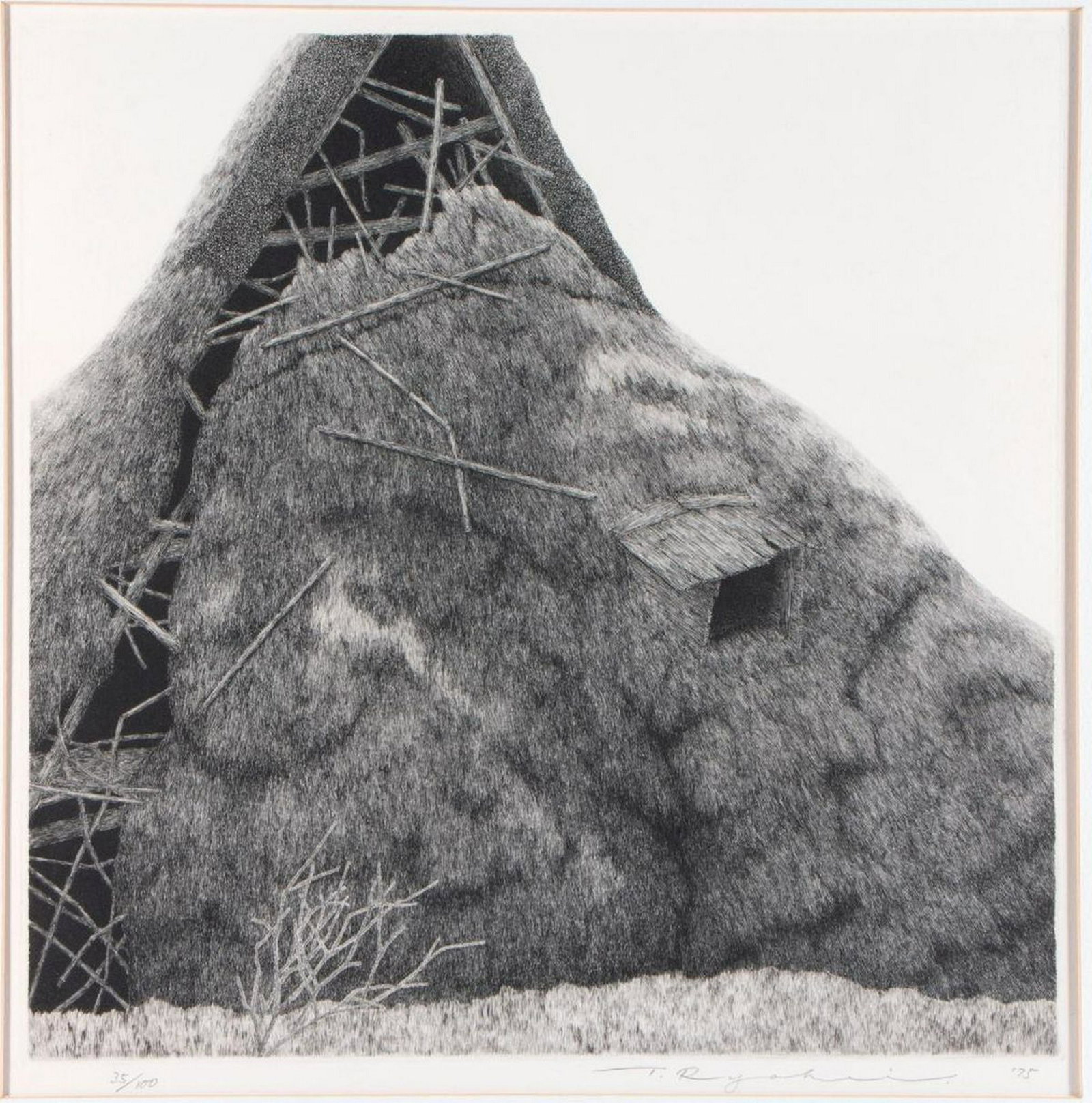 Tanaka Ryohei: An etching by Tanaka Ryohei (born 1933). Signed lower right and 35/100 lower left. Matte size: 20 ½ inches square. Image size: 15 inches square. Condition: Good. Date: 1975.
