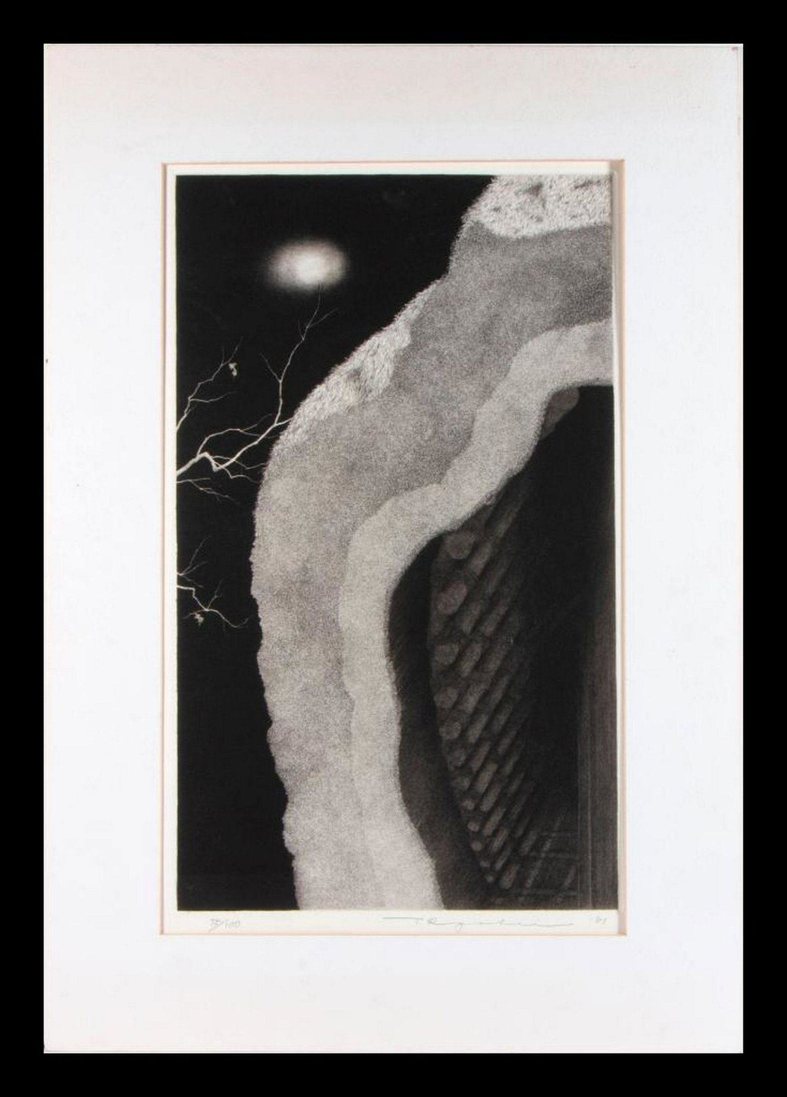Tanaka Ryohei (born 1933).: An etching of a night scene by Tanaka Ryohei (born 1933). Signed lower right and 75/100 lower left. Matte size: 24 ¾ inches high x 17. Paper size: 22 inches high x 14. Image size:�