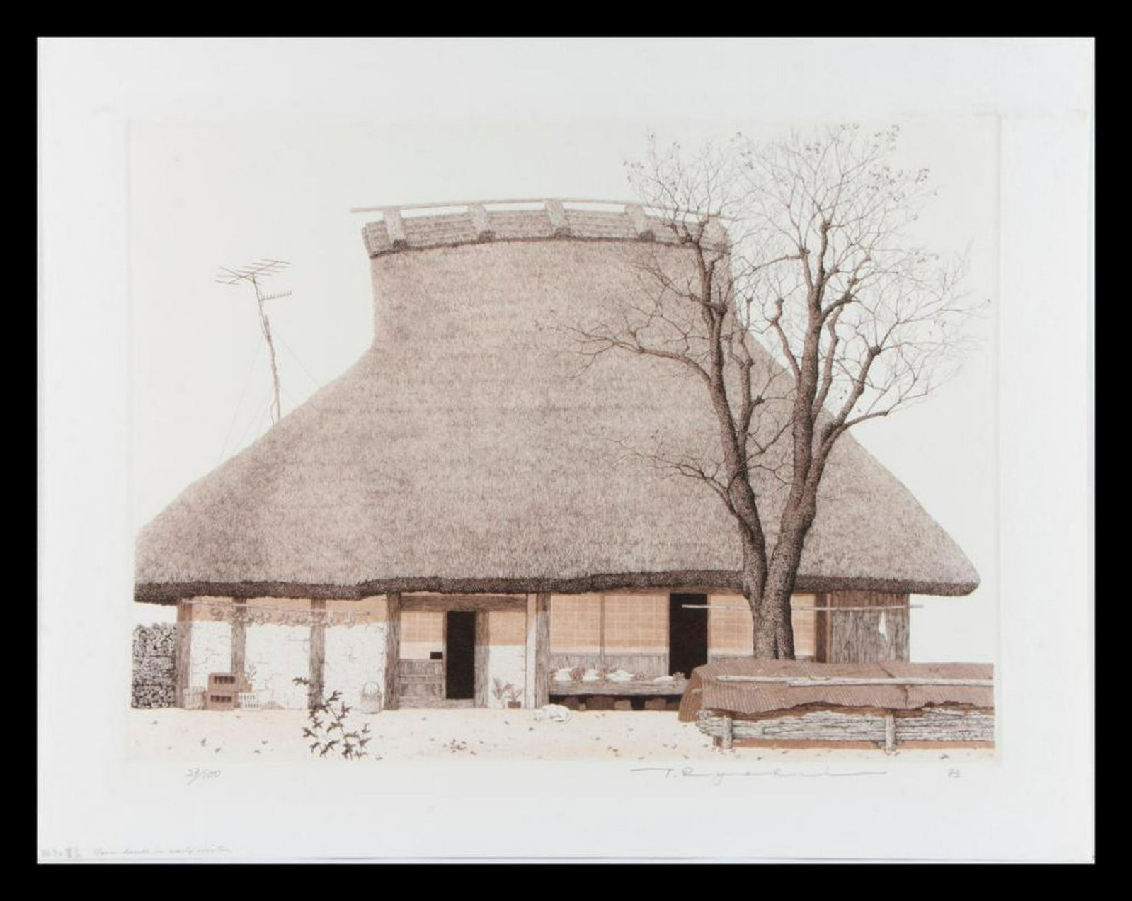 Tanaka Ryohei (born 1933).: "Farm House In Early Winter", an etching by Tanaka Ryohei (born 1933). Signed lower right and 23/100 lower left. Paper size: 17 ¼ inches high x 22. Image size: 13 ¾ inches high x 18. C