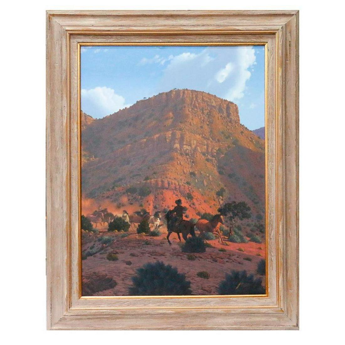 William Murphy, (20th/21st century).: A Southwest landscape oil on canvas with horsemen signed Murphy lower right measuring 40" x 30". Frame 52" x 41 1/4".
