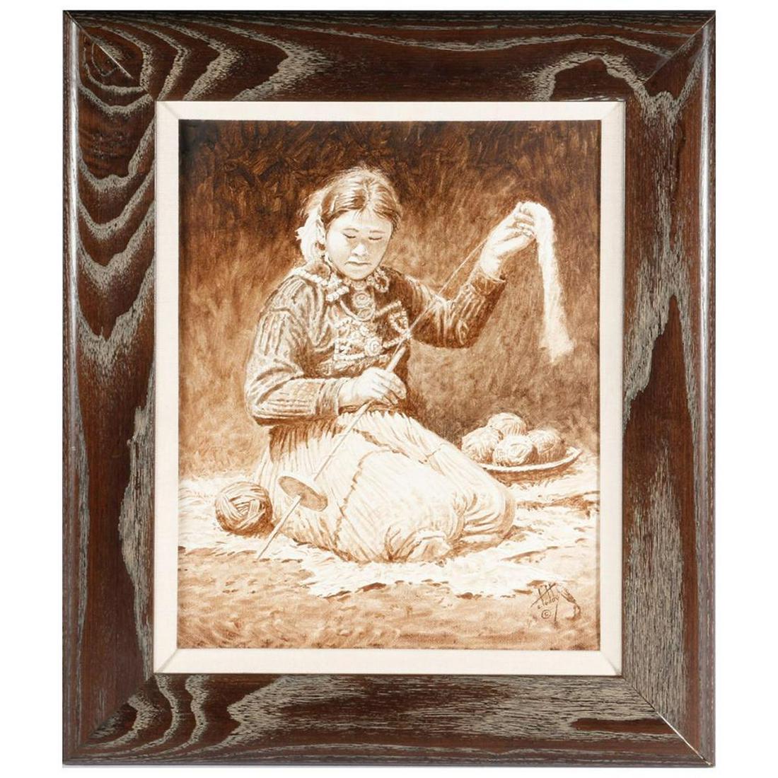 Oil on canvas of a weaver.: An oil on canvas of a weaver signed lower right, a.Toddy measuring 14" x 11". Framed 19" x 16".