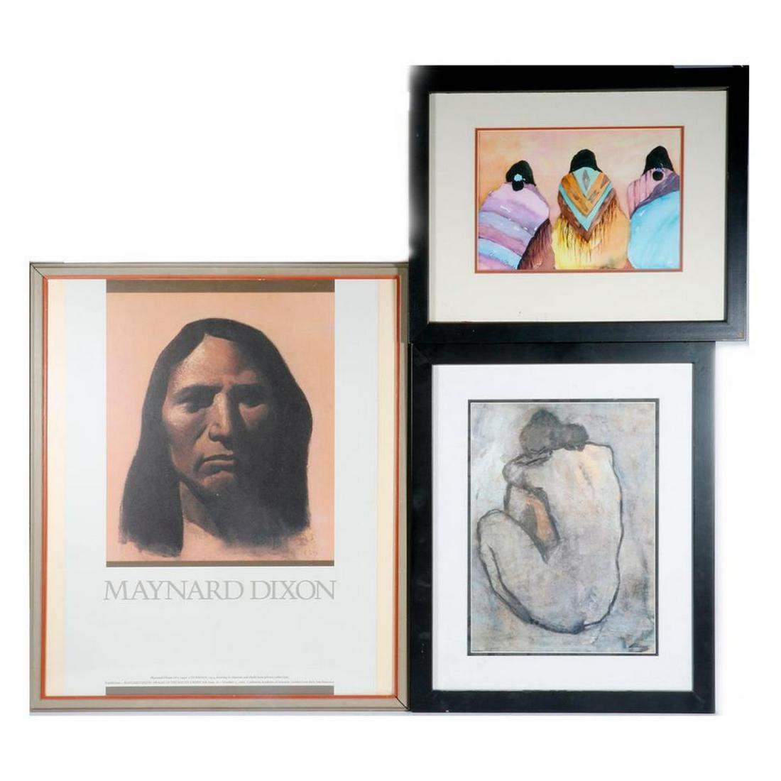 Two prints. A watercolor by Eleanor Stude (20th: A Maynard Dixon poster for a 1981 San Francisco exhibition. Poster measures 25" x 19", frame 27 " x 23". A print of a nude measuring 15 " x 11", frame 22 1/4" x 18 1/4". A watercolor on paper by Elean