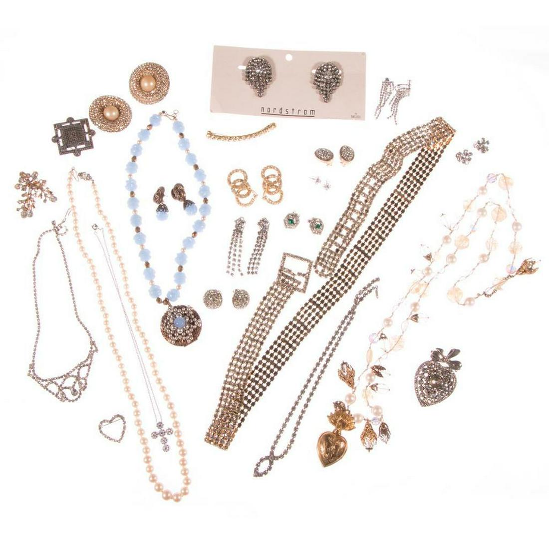 Collection of vintage rhinestone & costume jewelry: 23 pieces, including Les Bernard, Bogoff, H. Pomerantz and ones made in Austria. Items are sold as is. Please inquire about condition if not otherwise stated.