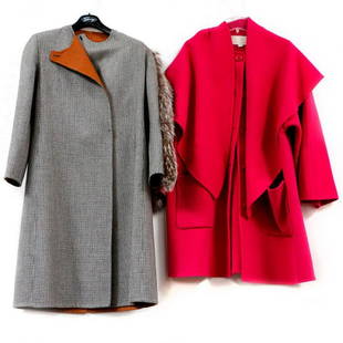 Vintage Wool Coats by Carolyn Roehm & Bill Blass: Bill Blass black/white hounds tooth, brown interior, detachable collar (one button missing), size 8; Carolyn Roehm hot pink with matching scarf/collar Items are sold as is. Please inquire about condit