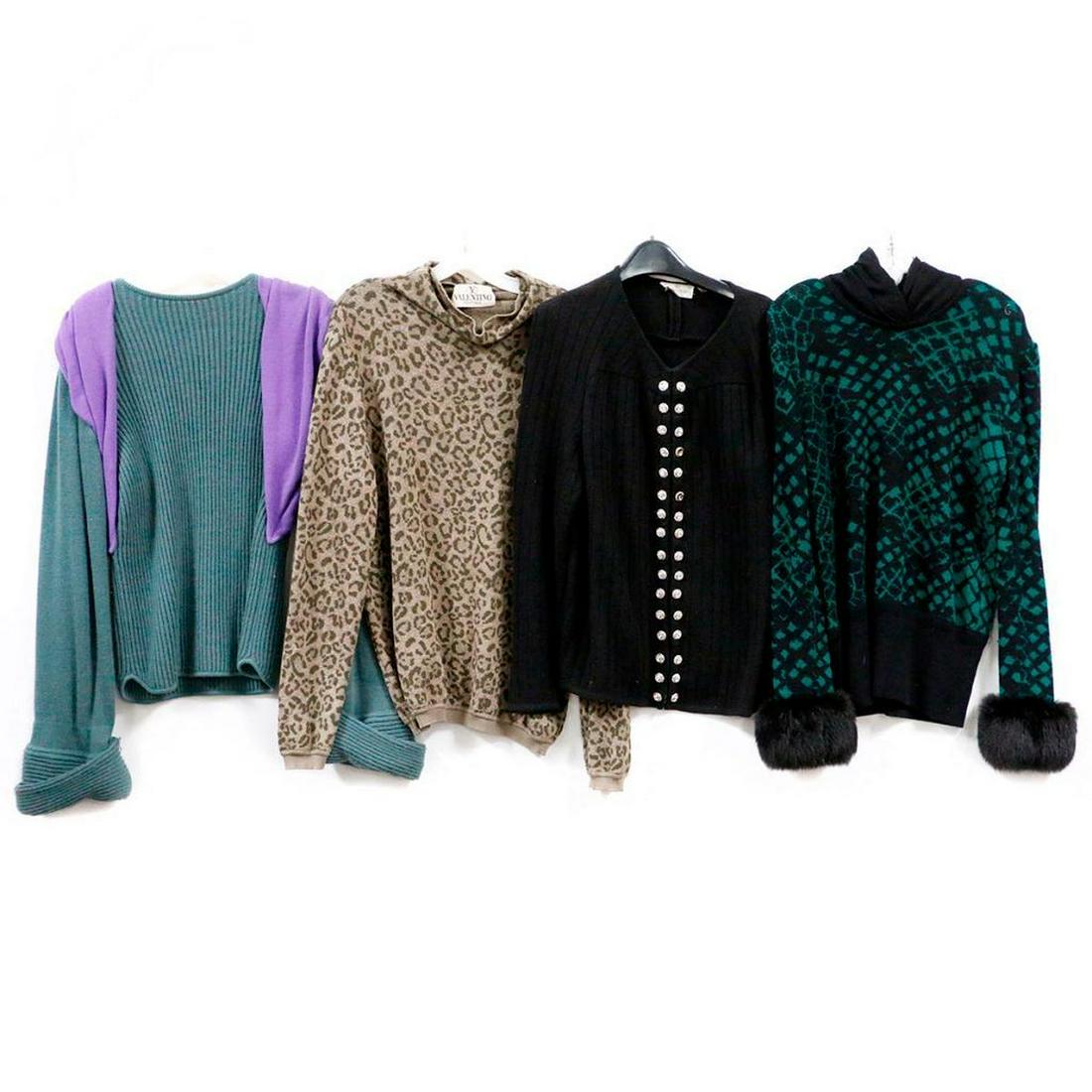 Collection of 5 Vintage Designer Sweaters: Including: Valentino Boutique green animal print, size XL Valentino Miss V green & black with fur cuffs, size 44 Valentino Boutique black zipper front with rhinestone buttons, no size Giorgio Armani g