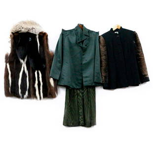 Vintage Designer Evening Clothes: Including: Carolina Herrera Saks Fifth Avenue green 3-piece silk pants suit, size 14 William Travilla black wool & fur sleeve skirt suit, size 12 Fur vest with removable collar, no size Items are sold