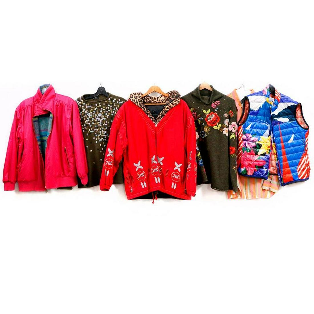 Collection of Bogner Clothing: Including: (2) embroidered wool sweaters, sizes 12/42 reversible winter jacket, no size pullover winter jacket, size L striped cotton shirt, size: 44 also including an Etro Milano vest Items are sold