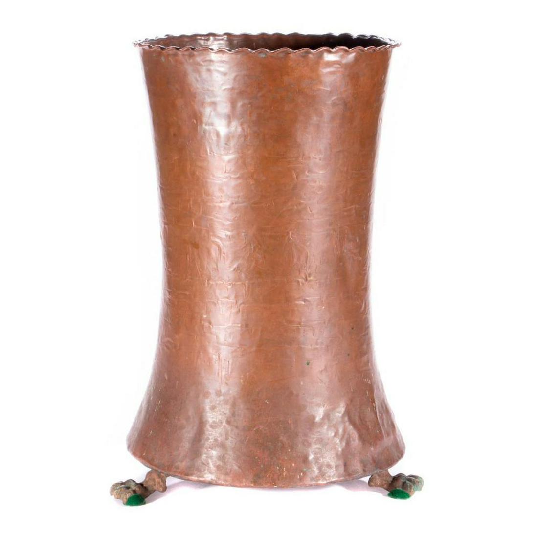 Copper umbrella stand.: A late 19th/early 20th century Arts and Crafts style hand worked copper umbrella stand. 19 inches high x 12 diameter. Items are sold as is. Please inquire about condition if not otherwise stated.