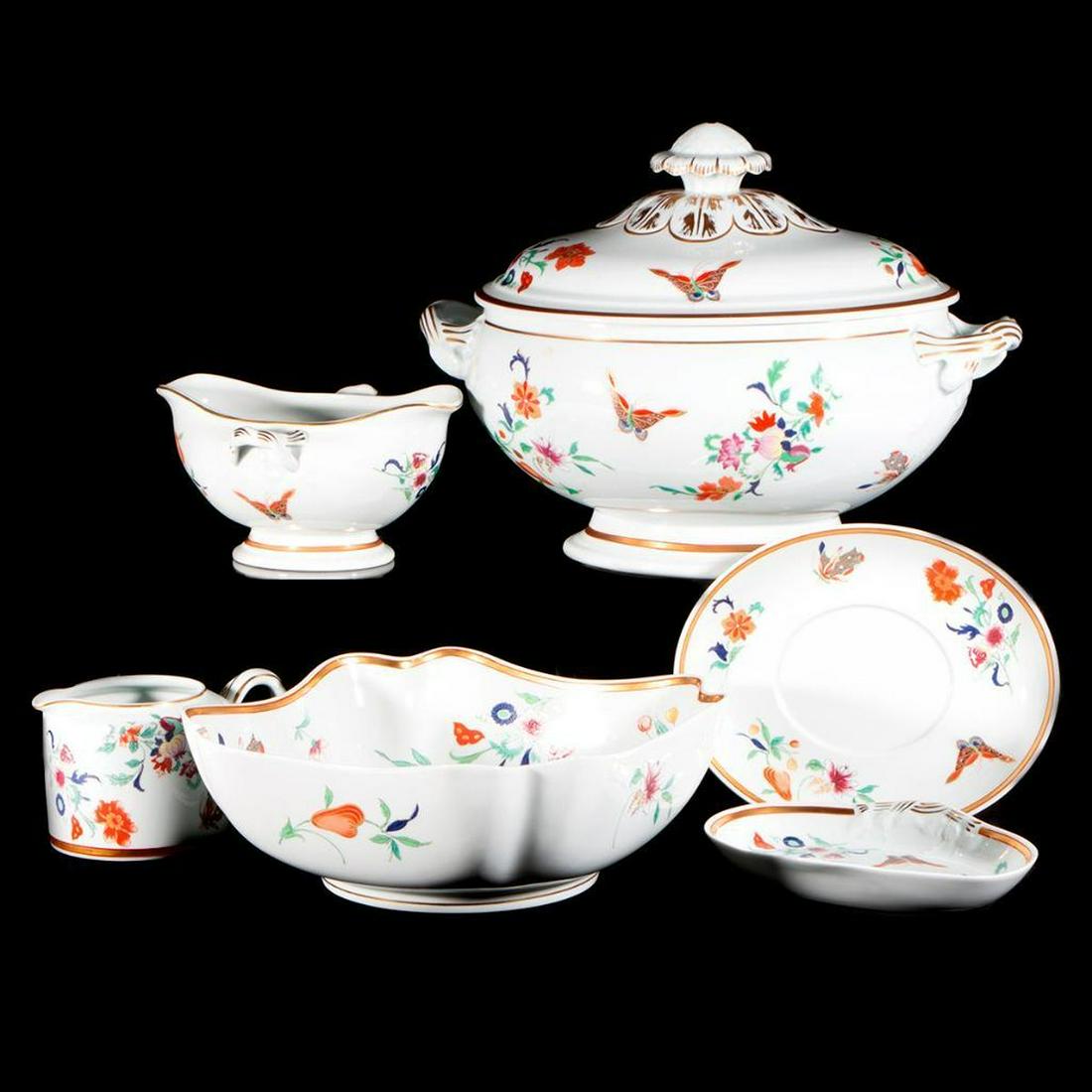 Table set by Vista Alegre.: A hand painted porcelain Portuguese Vista Alegre table set consisting of 10 dinner plates (10 1/4 diameter), 12 salad plates, 12 soup bowls,12 tea cups, 14 saucers, 2 butter dishes, 1 gravy and sauce