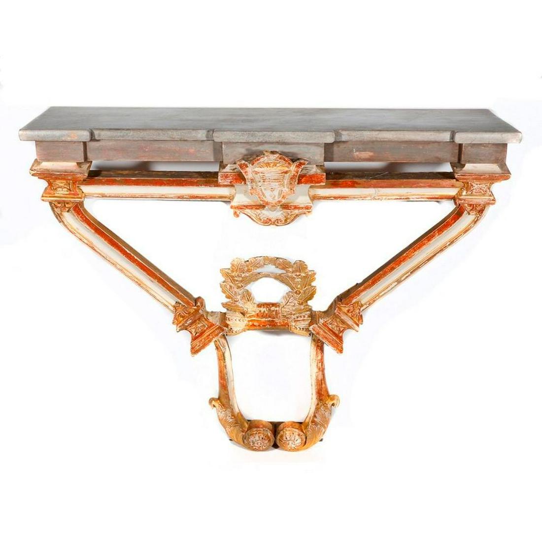 A faux marble console table.: A late 19th/early 20th century gilt and gray painted faux marble console table measuring 37 inches high x 43 wide x 12 1/2 deep.