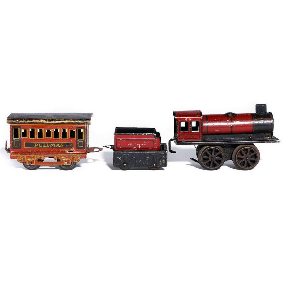 KBN O Gauge passenger train: Clockwork steam locomotive with tender and (4) wheel lithographed "Pullman" coach, C-5