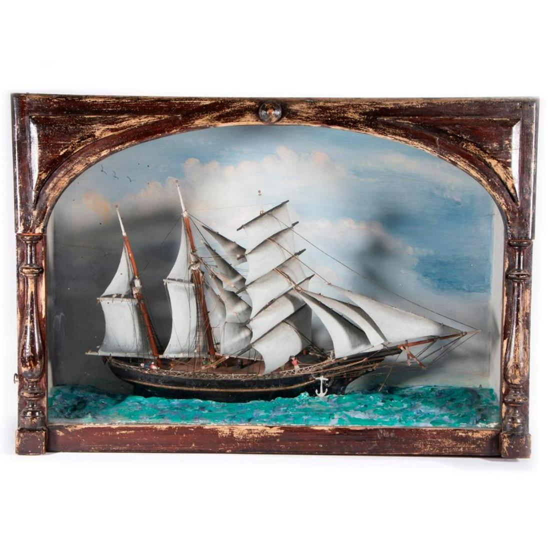 A 19th century nautical diorama.: A 19th century nautical diorama with a schooner measuring 20 inches high x 28 1/2 wide x 9 1/2 deep.