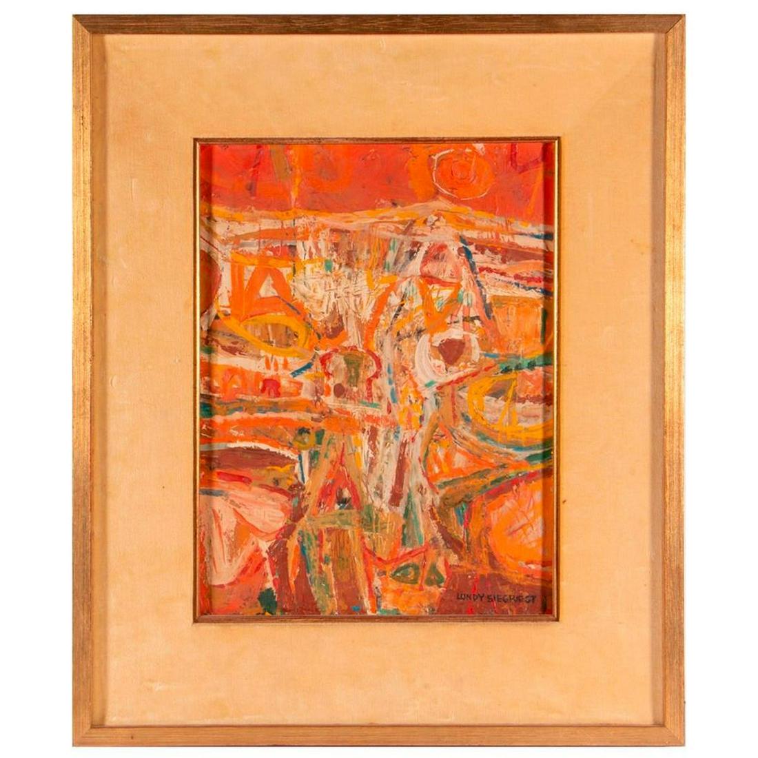 Louis Siegriest (1899 - 1985).: A abstract painting by Louis Siegriest (1899 - 1985), a member of the early 20th century California artists Society of Six. Frame measures 18 1/2 inches x 15 1/2. Image measures 12 inches x 9.